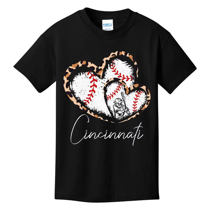 cincinnati baseball leopard heart baseball fans Kids T-Shirt