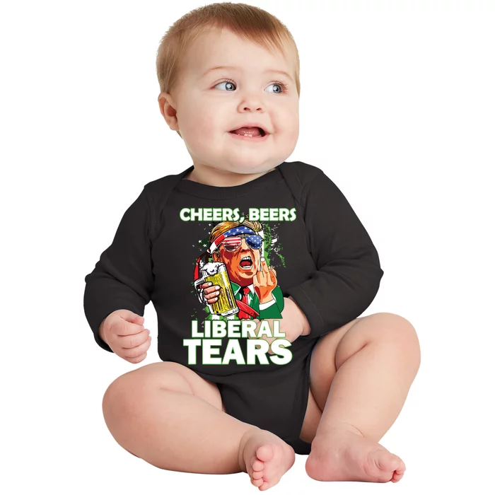 Cheers Beers Liberal Tears Trump Holding Beer Patricks Day Baby Long Sleeve Bodysuit