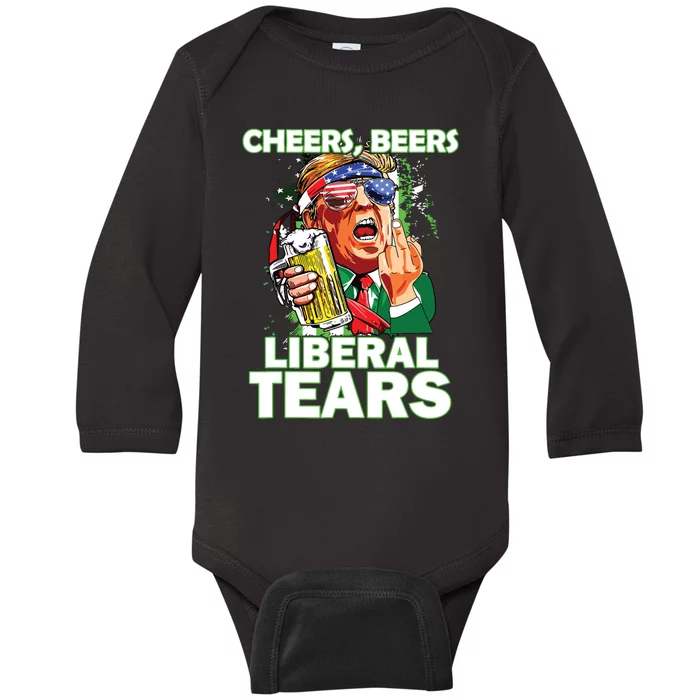 Cheers Beers Liberal Tears Trump Holding Beer Patricks Day Baby Long Sleeve Bodysuit