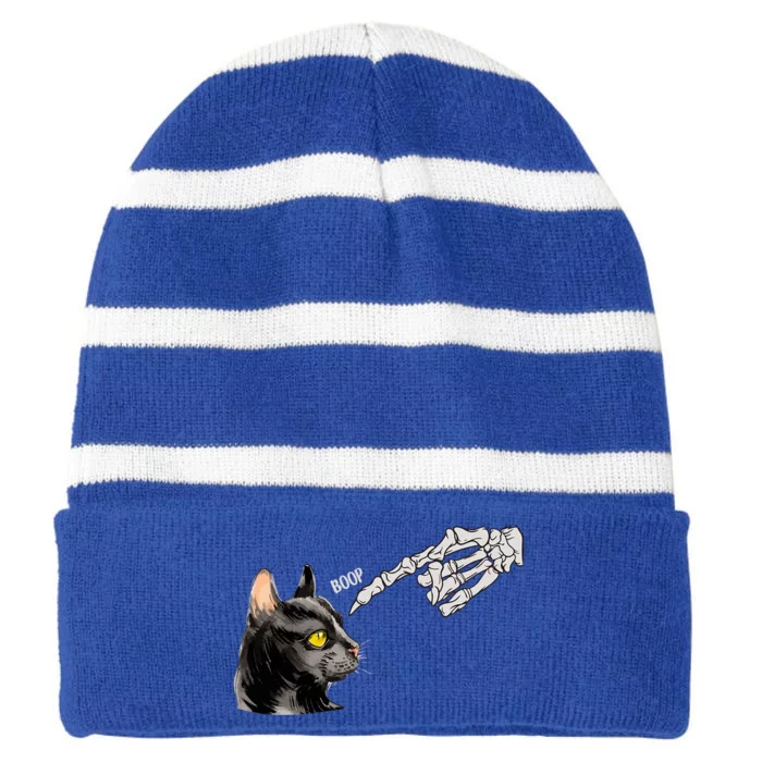 Cat Black Lover Skeleton Hand Boop Funny Halloween Kitten Gift Striped Beanie with Solid Band