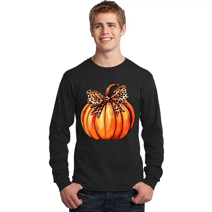 Coquette Bow Leopard Pumpkin Thanksgiving Rustic Fall Women Long Sleeve Shirt