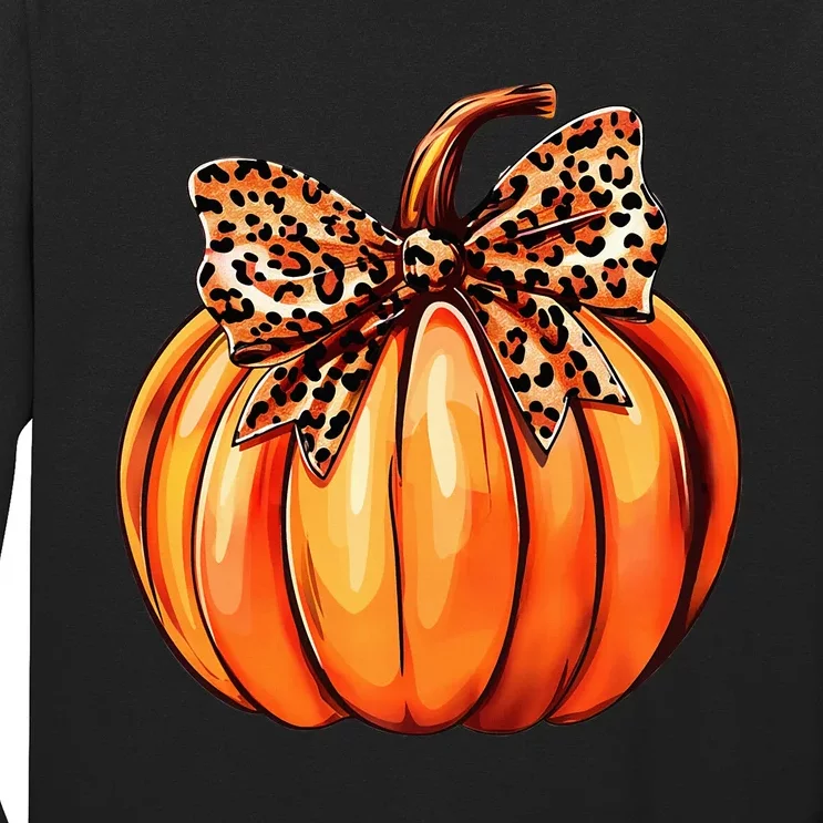 Coquette Bow Leopard Pumpkin Thanksgiving Rustic Fall Women Long Sleeve Shirt