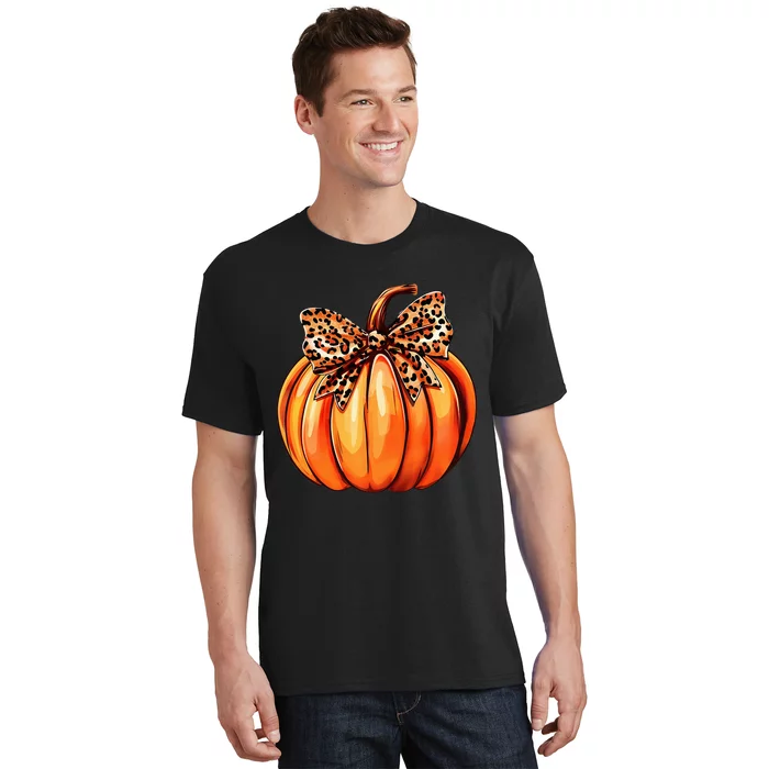 Coquette Bow Leopard Pumpkin Thanksgiving Rustic Fall Women T-Shirt