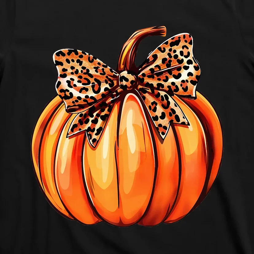 Coquette Bow Leopard Pumpkin Thanksgiving Rustic Fall Women T-Shirt