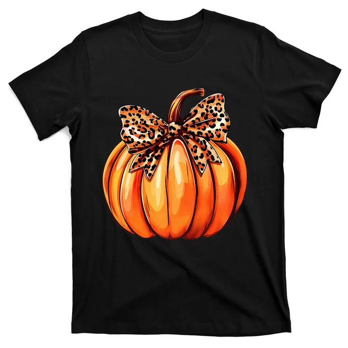 Coquette Bow Leopard Pumpkin Thanksgiving Rustic Fall Women T-Shirt