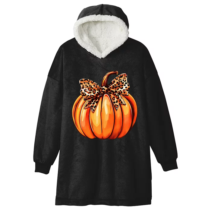 Coquette Bow Leopard Pumpkin Thanksgiving Rustic Fall Women Hooded Wearable Blanket