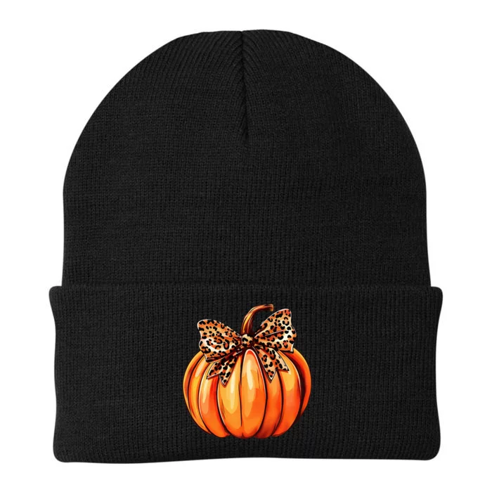 Coquette Bow Leopard Pumpkin Thanksgiving Rustic Fall Women Knit Cap Winter Beanie