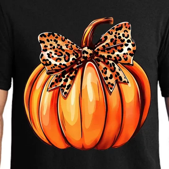 Coquette Bow Leopard Pumpkin Thanksgiving Rustic Fall Women Pajama Set