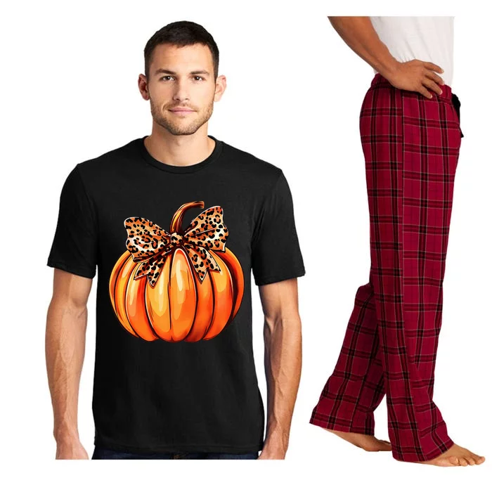 Coquette Bow Leopard Pumpkin Thanksgiving Rustic Fall Women Pajama Set