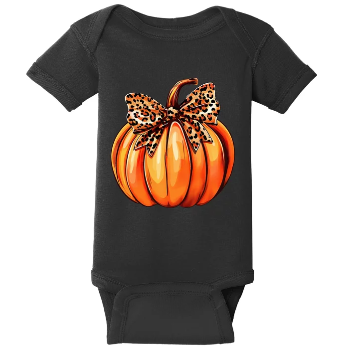 Coquette Bow Leopard Pumpkin Thanksgiving Rustic Fall Women Baby Bodysuit