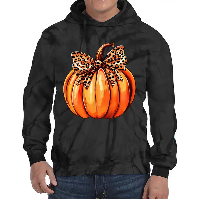 Coquette Bow Leopard Pumpkin Thanksgiving Rustic Fall Women Tie Dye Hoodie