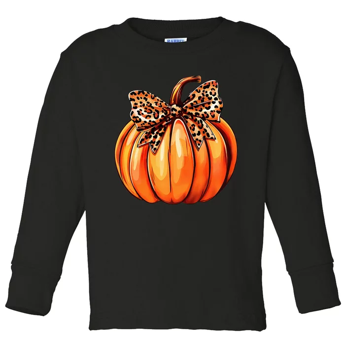 Coquette Bow Leopard Pumpkin Thanksgiving Rustic Fall Women Toddler Long Sleeve Shirt