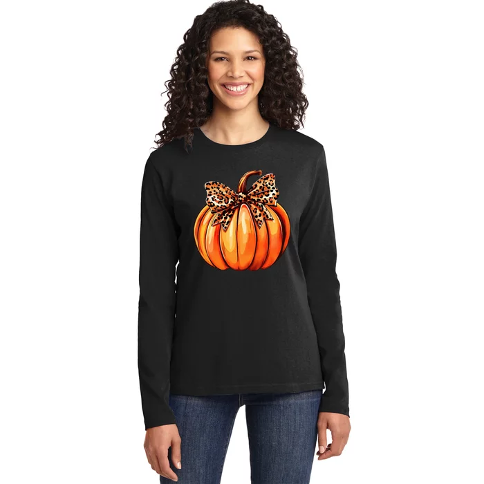 Coquette Bow Leopard Pumpkin Thanksgiving Rustic Fall Women Ladies Long Sleeve Shirt