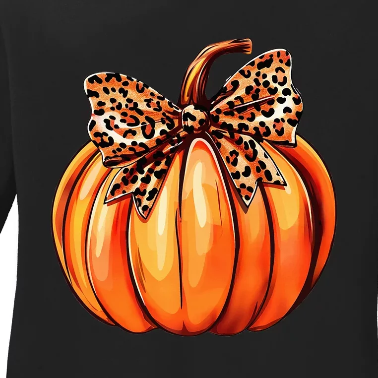 Coquette Bow Leopard Pumpkin Thanksgiving Rustic Fall Women Ladies Long Sleeve Shirt