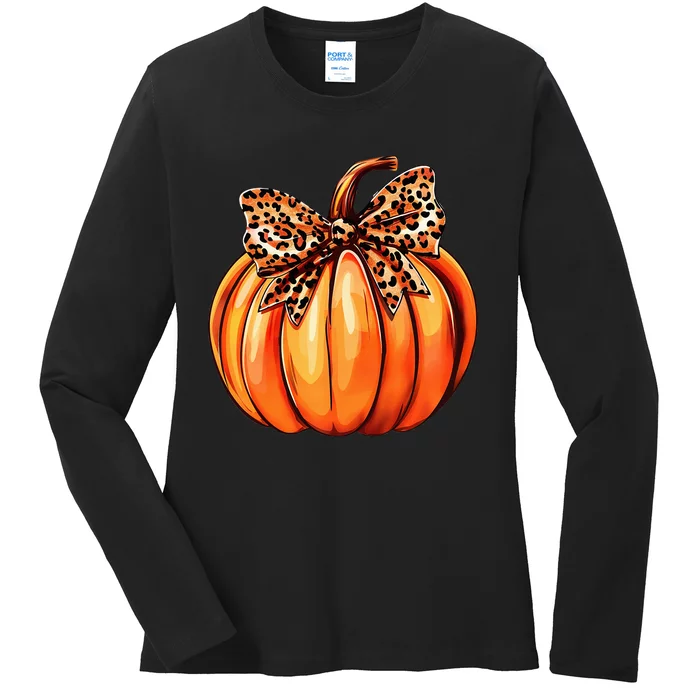 Coquette Bow Leopard Pumpkin Thanksgiving Rustic Fall Women Ladies Long Sleeve Shirt