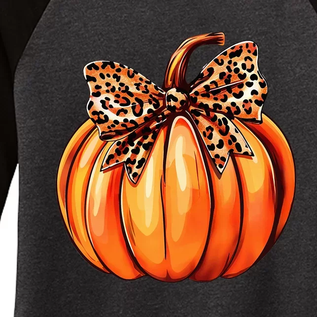 Coquette Bow Leopard Pumpkin Thanksgiving Rustic Fall Women Women's Tri-Blend 3/4-Sleeve Raglan Shirt