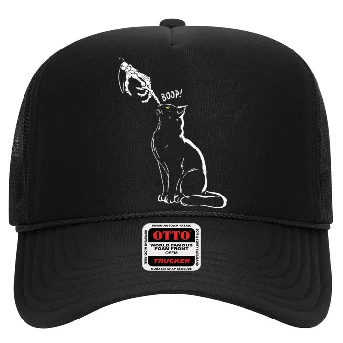 Cat Black Lover Skeleton Hand Boop Funny Halloween High Crown Mesh Trucker Hat