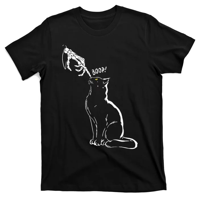 Cat Black Lover Skeleton Hand Boop Funny Halloween T-Shirt