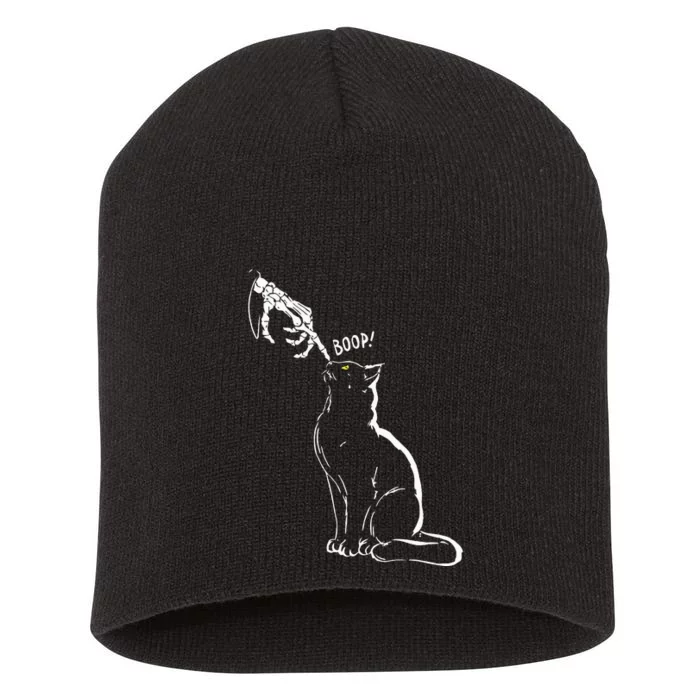 Cat Black Lover Skeleton Hand Boop Funny Halloween Short Acrylic Beanie