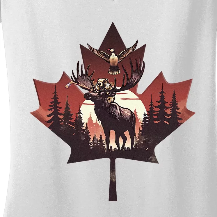 Canadian Beaver Moose And Goose Celebrating Canada Day Women's V-Neck T-Shirt