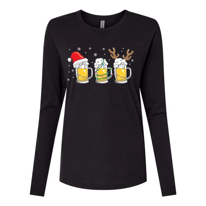 Christmas Beer Mugs Reinbeer Santa Hat Xmas Lights Costume Gift Womens Cotton Relaxed Long Sleeve T-Shirt