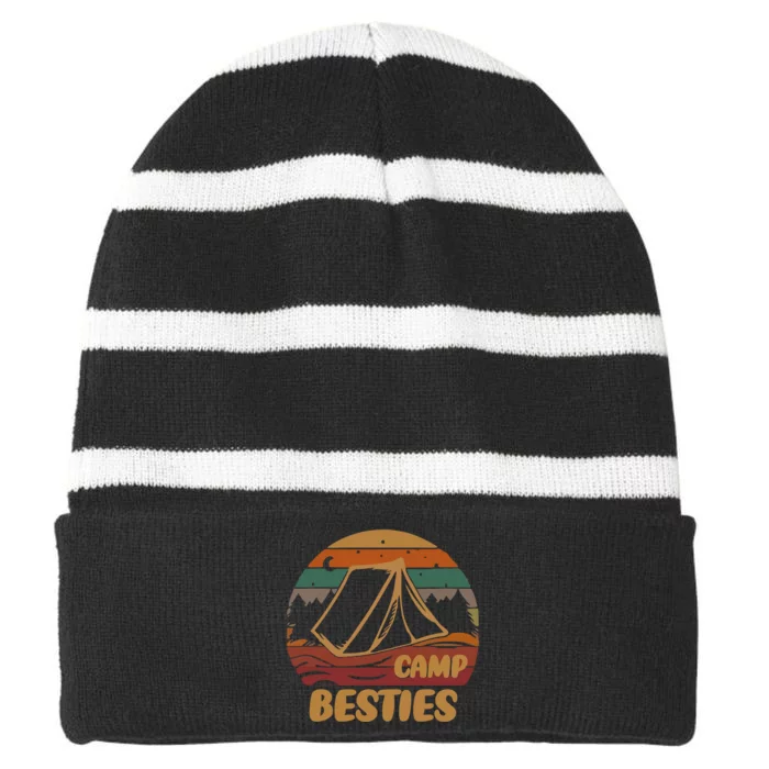 Camp Besties Matching Team Matching Group Vintage Camping Striped Beanie with Solid Band