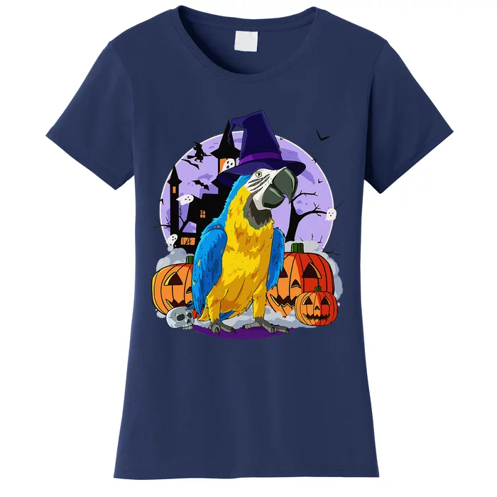 Cute BlueAndYellow Macaw Halloween Witch Pumpkin Women's T-Shirt