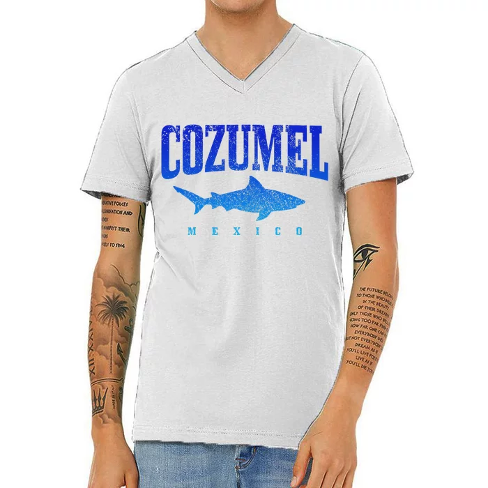 Cozumel Beach Mexico Scuba Diver Shark Diving Vintage V-Neck T-Shirt