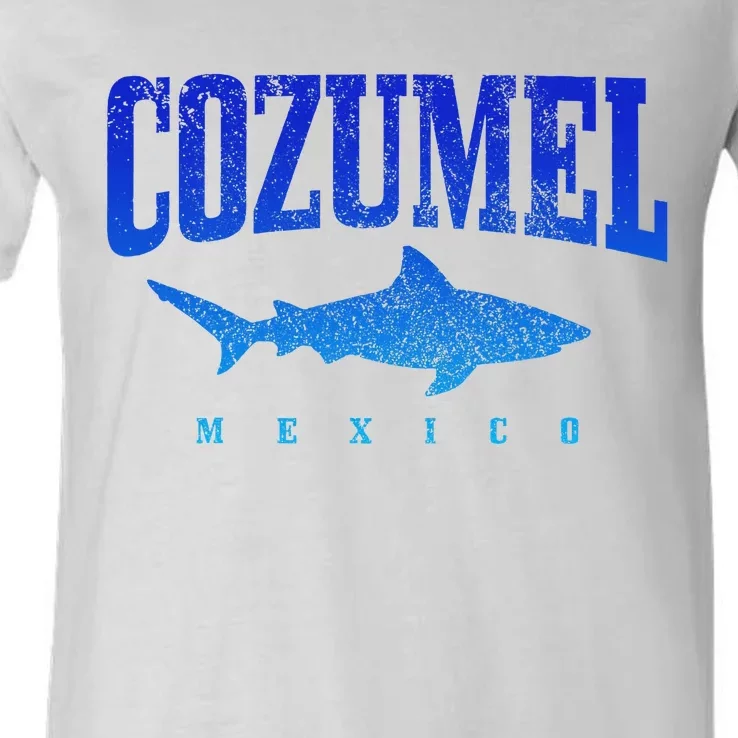 Cozumel Beach Mexico Scuba Diver Shark Diving Vintage V-Neck T-Shirt