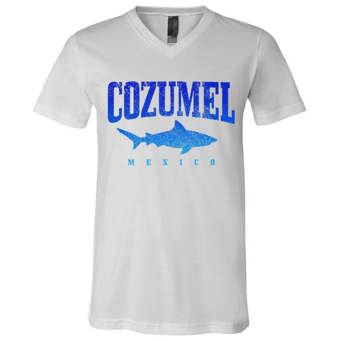 Cozumel Beach Mexico Scuba Diver Shark Diving Vintage V-Neck T-Shirt