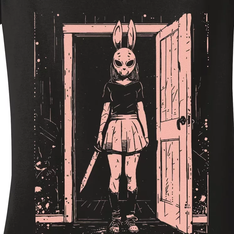 Creepy Bunny Mask Slasher Pastel Goth Anime Horror Women's V-Neck T-Shirt