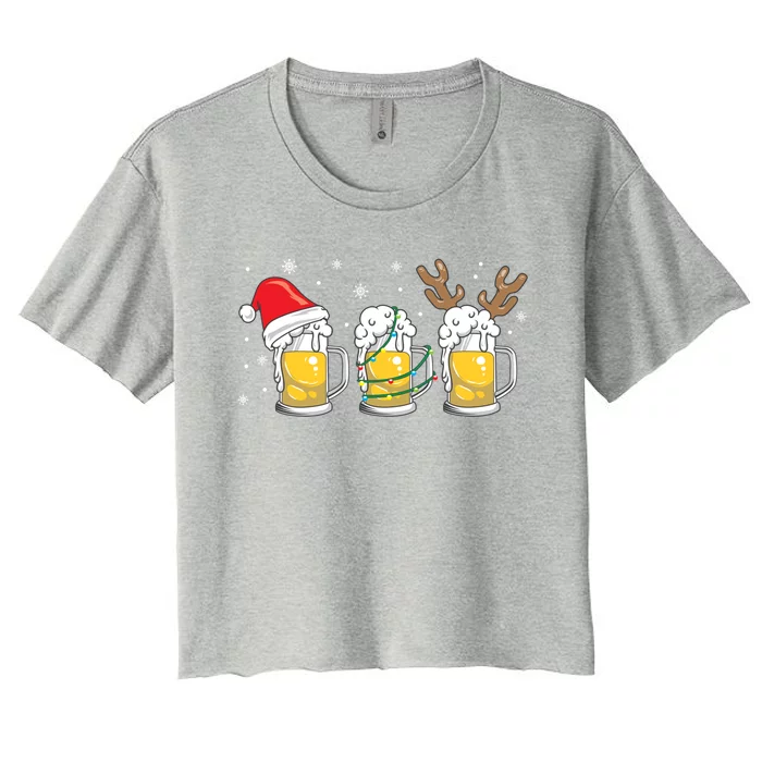 Christmas Beer Mugs Reinbeer Santa Hat Xmas Lights Costume Cool Gift Women's Crop Top Tee