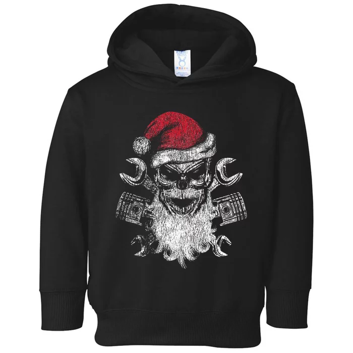 Christmas Biker Motorcycle Holiday Santa Skull Distressed Toddler Hoodie