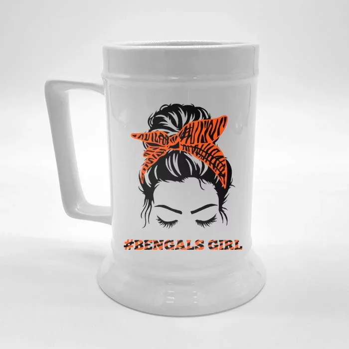 Cute BENGALS Messy Bun For Womens Fans Lovers Front & Back Beer Stein