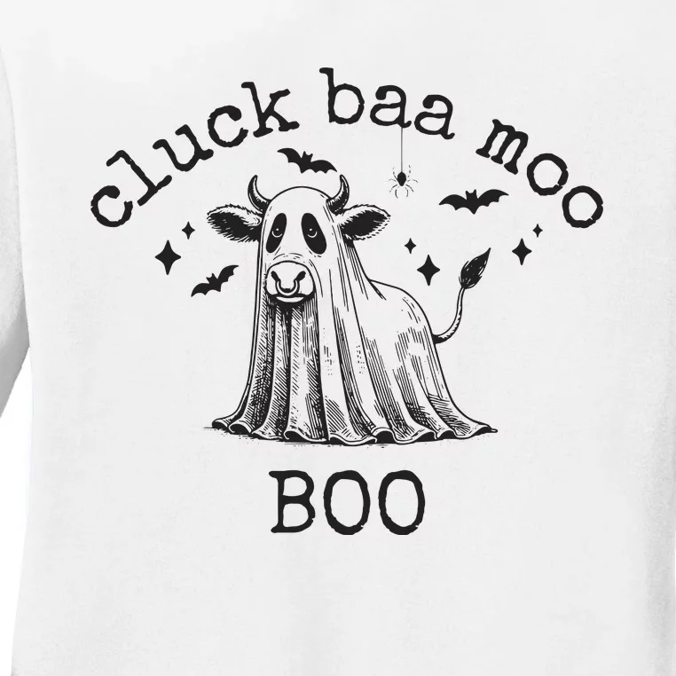 Cluck Baa Moo Boo Halloween Highland Cow Ghost Ghost Cow Ladies Long Sleeve Shirt