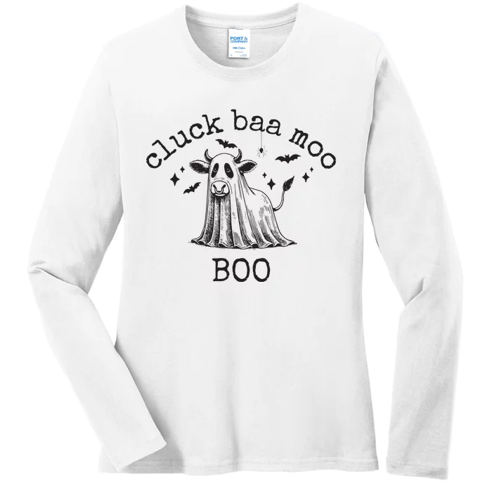 Cluck Baa Moo Boo Halloween Highland Cow Ghost Ghost Cow Ladies Long Sleeve Shirt