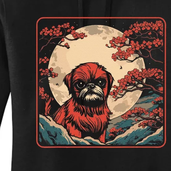 Cherry Blossom Moon Pet Dog Breed Brussels Griffon Japan Women's Pullover Hoodie