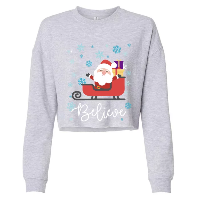 Cute Believe Merry Christmas Santa Claus Sleigh Great Gift Cropped Pullover Crew