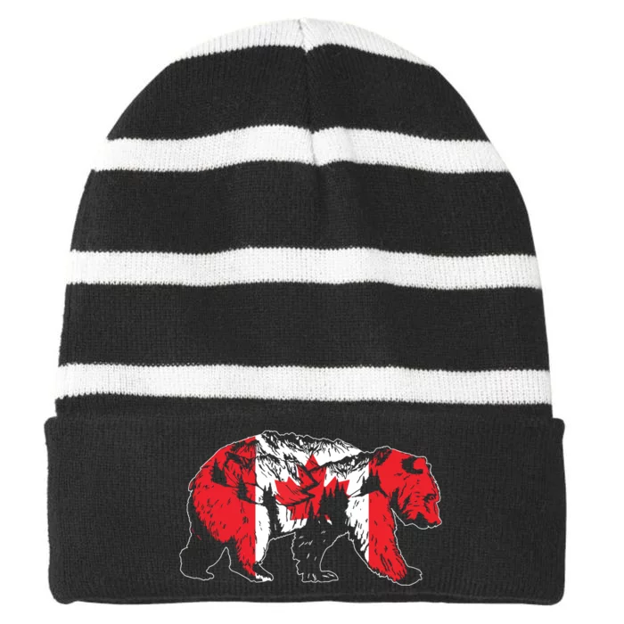 Canadian Bear Maple Leaf Canada Flag Patriotic Striped Beanie with Solid Band