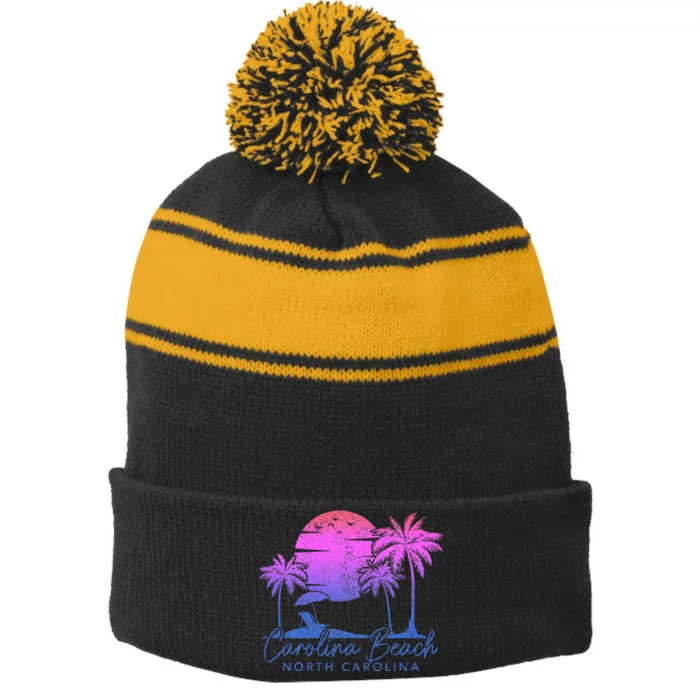 Carolina Beach North Carolina Vintage Sunset Surfer Retro Stripe Pom Pom Beanie