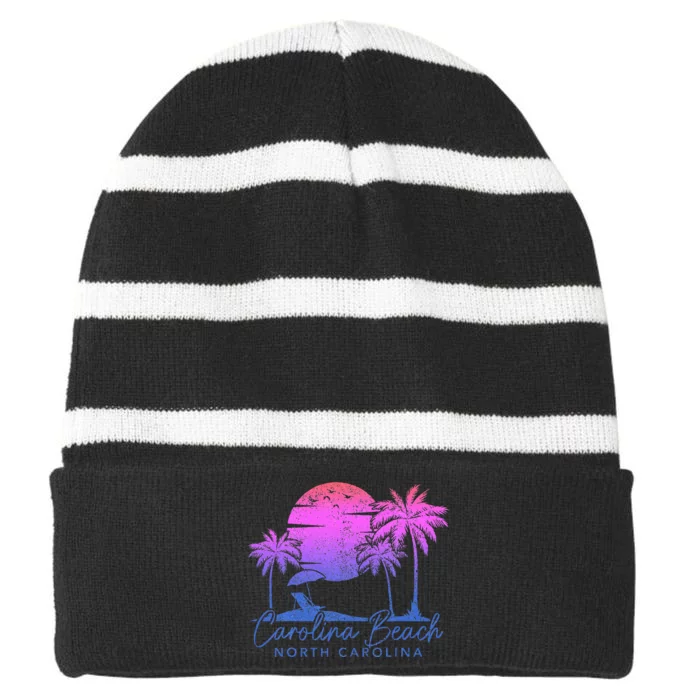 Carolina Beach North Carolina Vintage Sunset Surfer Retro Striped Beanie with Solid Band