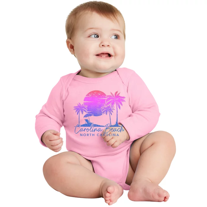 Carolina Beach North Carolina Vintage Sunset Surfer Retro Baby Long Sleeve Bodysuit