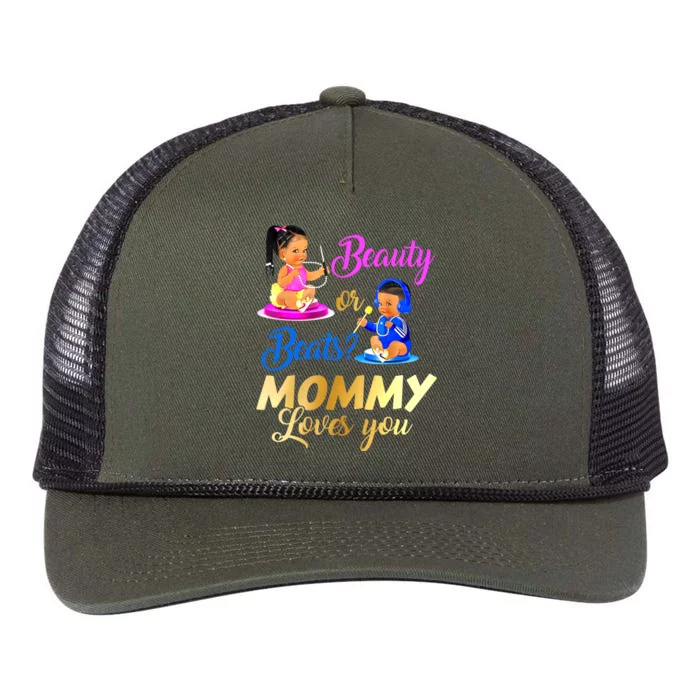 Cute Beauty Or Beat Mommy Loves You Gender Reveal Party Funny Gift Retro Rope Trucker Hat Cap