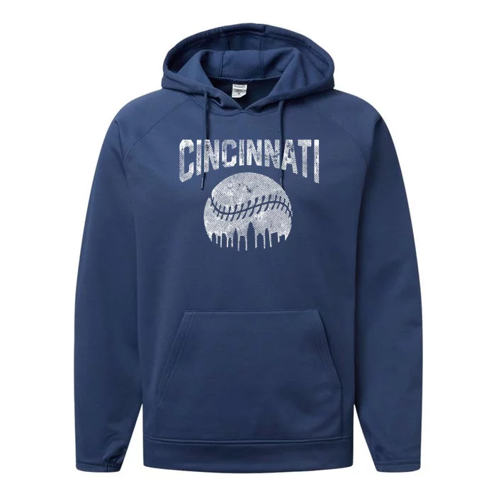 Cincinnati Baseball Ohio Skyline City Vintage Style Performance Fleece Hoodie