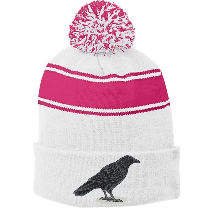 Crow Bird O White Surface Stripe Pom Pom Beanie