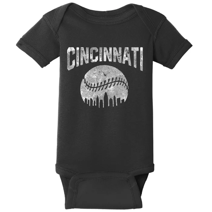 Cincinnati Baseball Ohio Skyline City Vintage Style Baby Bodysuit