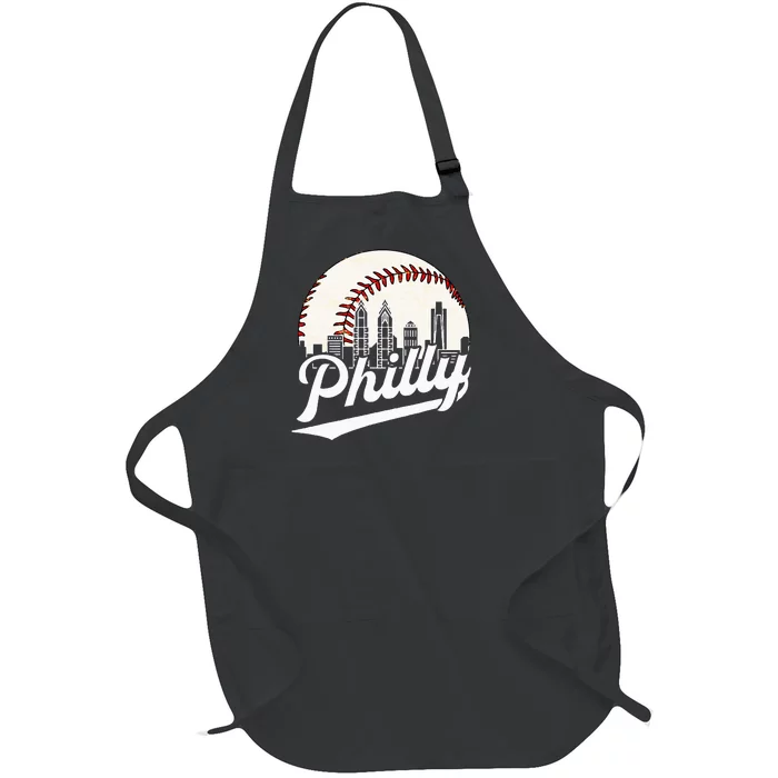 Cityscape Baseball Philadelphia Skyline Retro Vintage Full-Length Apron With Pocket