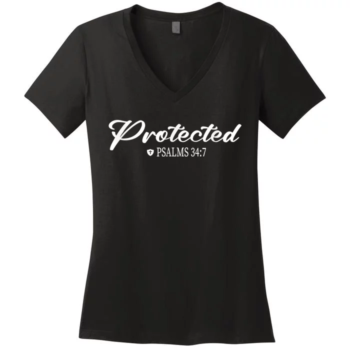 CHRISTIAN BIBLE PSALMS 34:7 PROTECTED FOR MEN & WOMEN VERSE Women's V-Neck T-Shirt