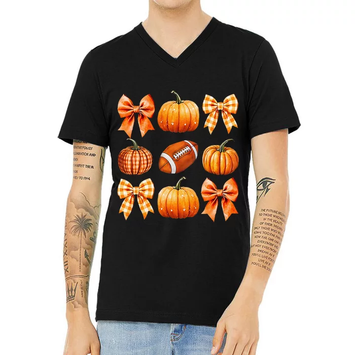 Coquette Bow Pumpkin Season Football Fall Autumn Halloween V-Neck T-Shirt