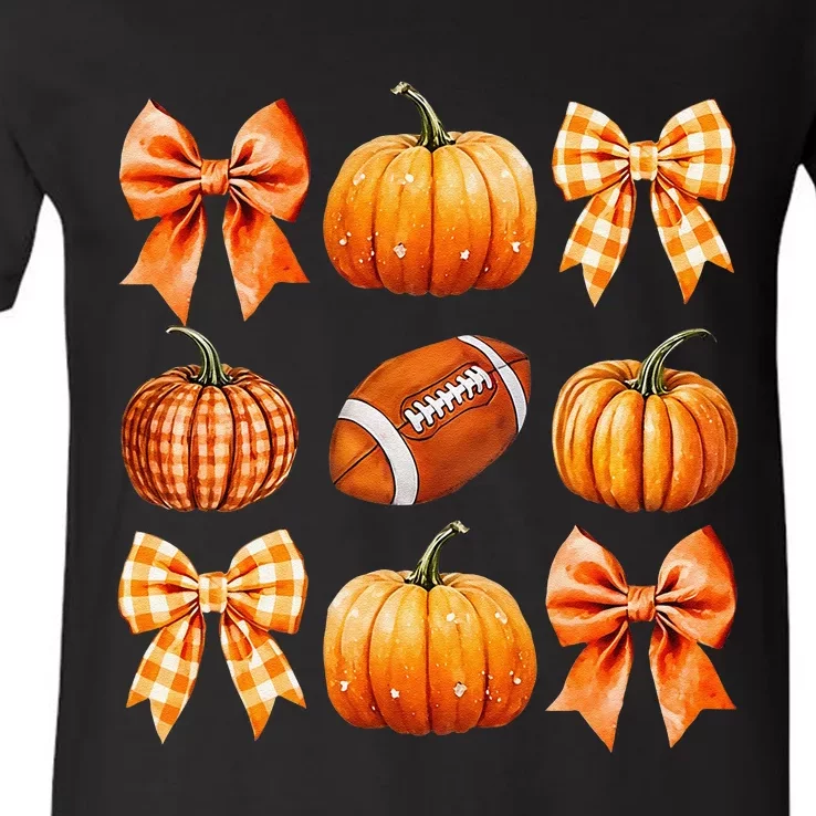 Coquette Bow Pumpkin Season Football Fall Autumn Halloween V-Neck T-Shirt